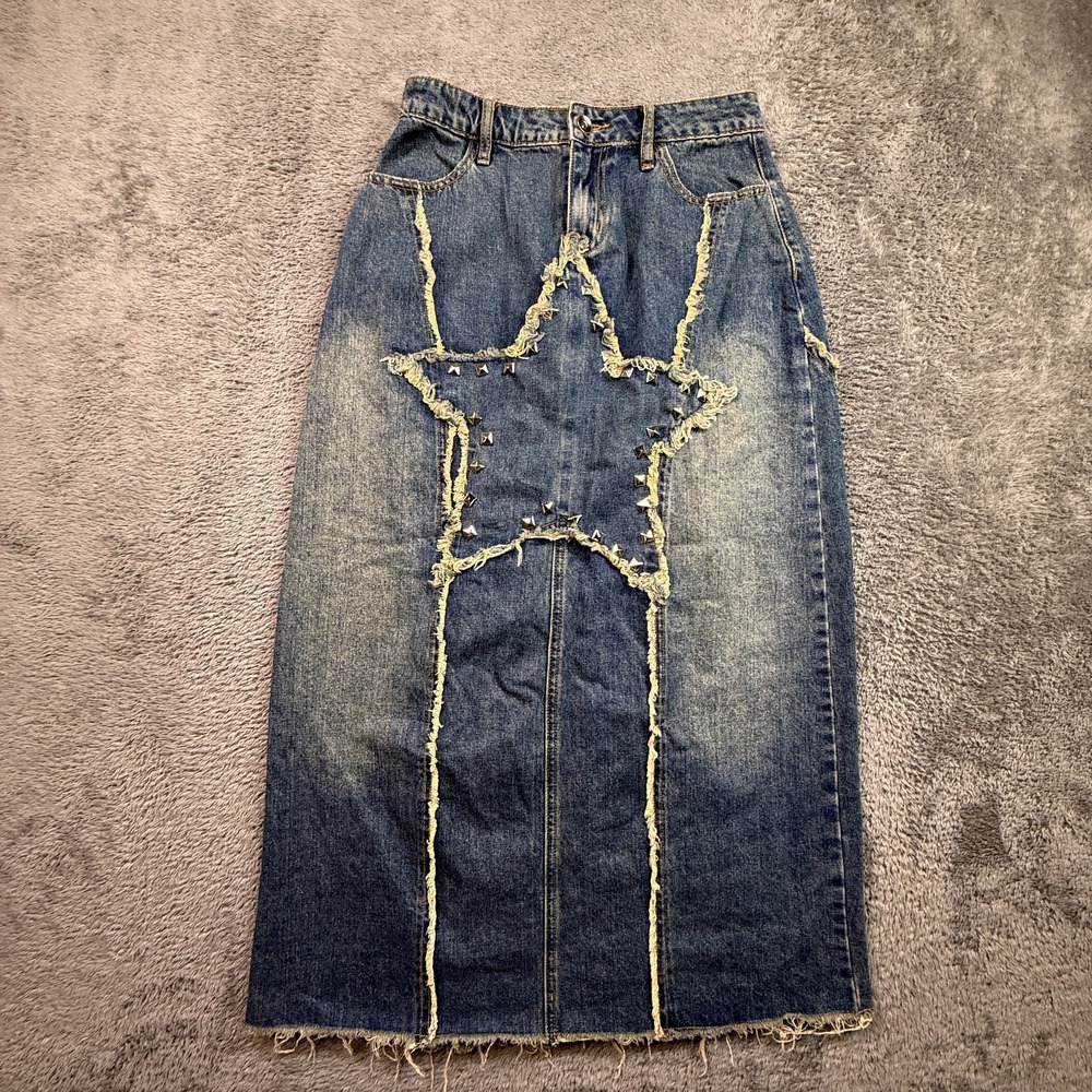 Social Collision Frayed Star Denim Maxi Skirt Studded Womens XS 26" Waist